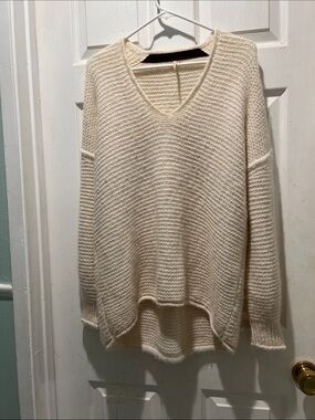 Free People Cream V-Neck Oversized Knit Sweater